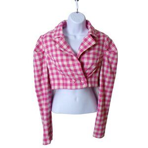 Finders Crop Blazer Long Sleeve Pink White Check Knit S